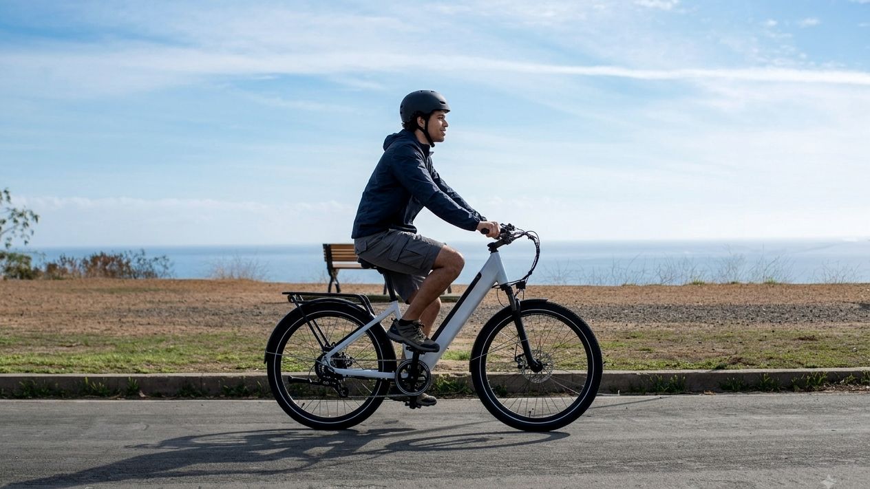 A rider on an electric bike along a coastal road